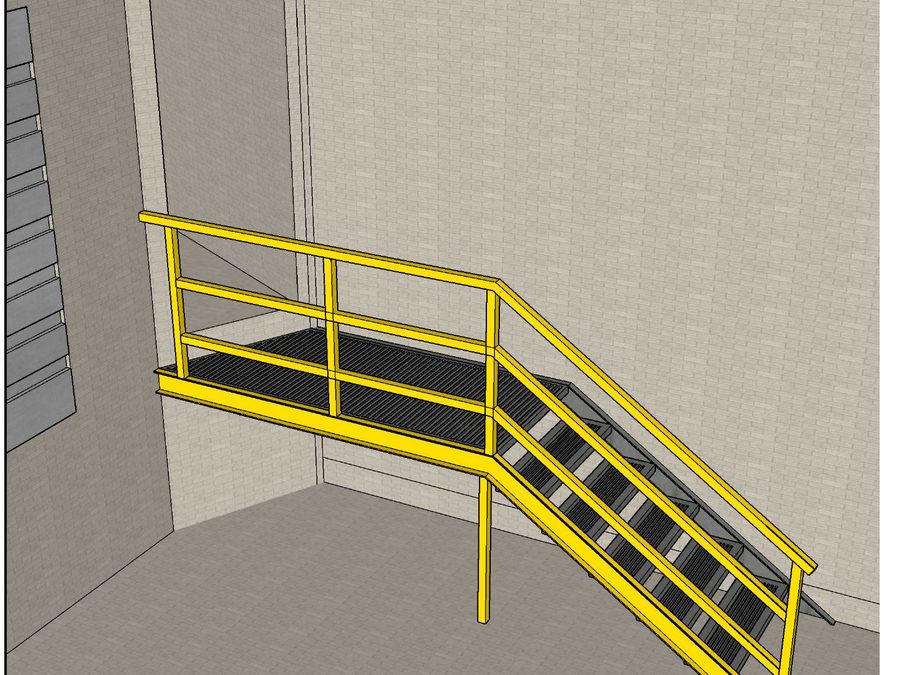 3D design view of an exterior industrial access stair with a yellow guardrail.
