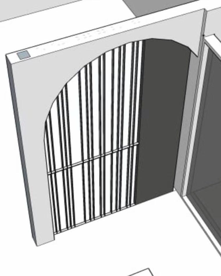3D model of an arched steel screen set into a masonry opening.