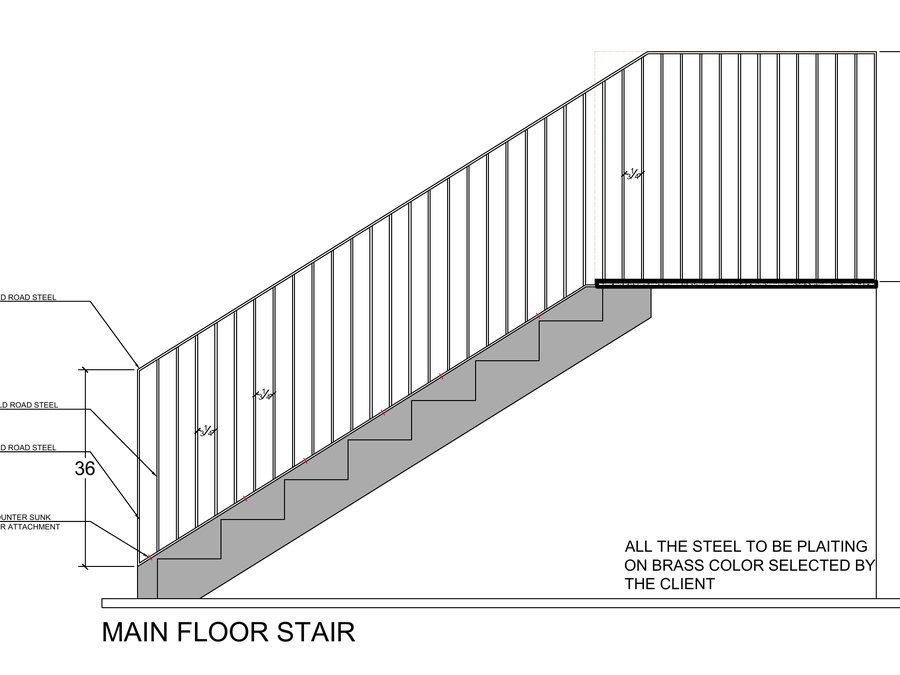 Dimensioned elevation of a main floor stair railing with vertical pickets.
