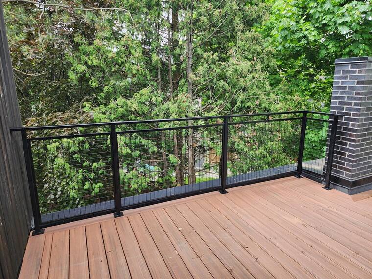 Timber deck with a black steel railing and mesh infill.